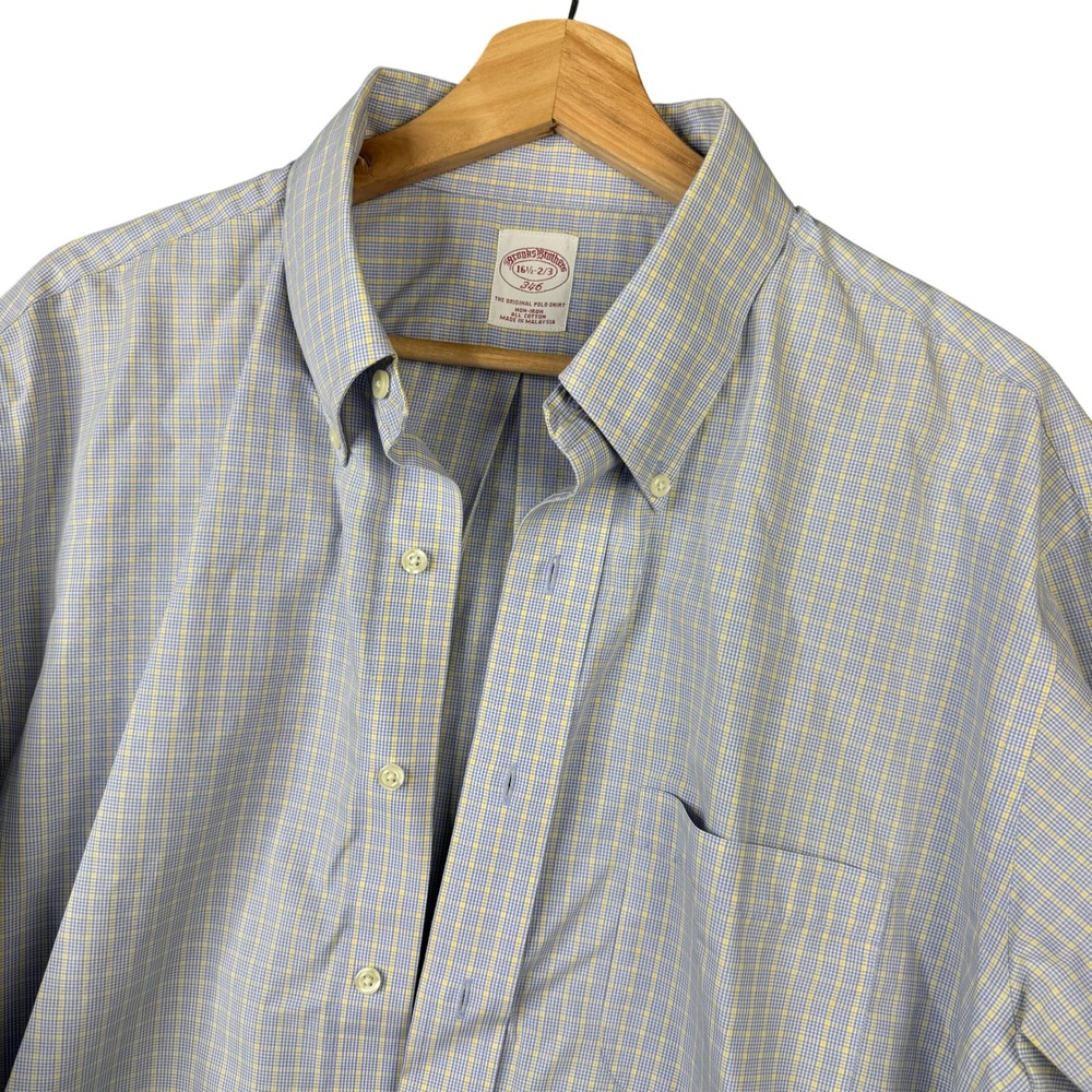 Brooks Brothers 346 Mens 16.5 32/33 Non-Iron Blue Yellow Plaid Button Down Shirt
